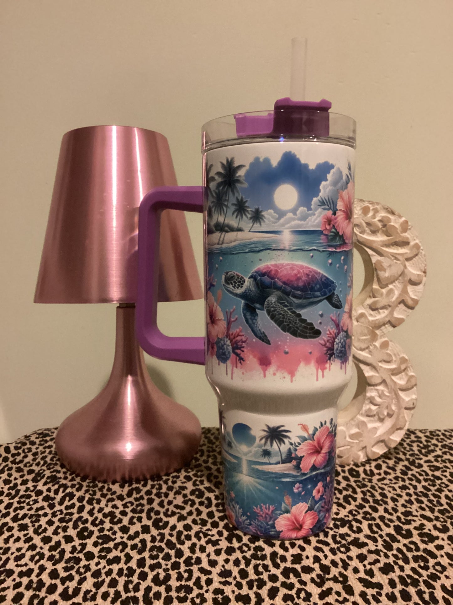 40oz Tumbler - Pink Purple Tropical Turtle