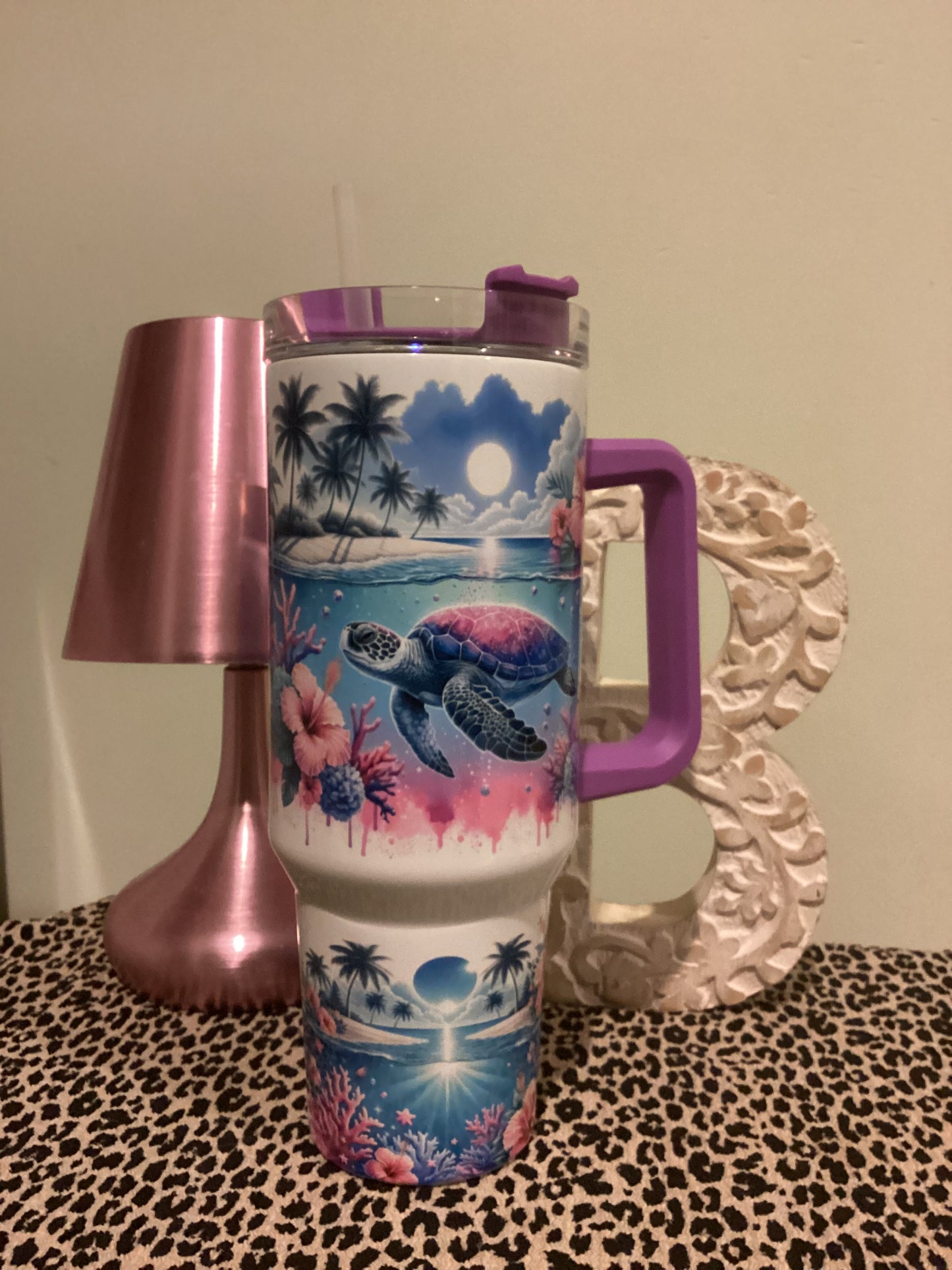 40oz Tumbler - Pink Purple Tropical Turtle